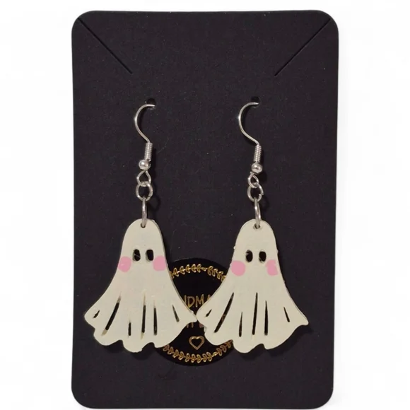 Handcrafted Blushing 3D Ghost Earrings - Picture 2 of 2